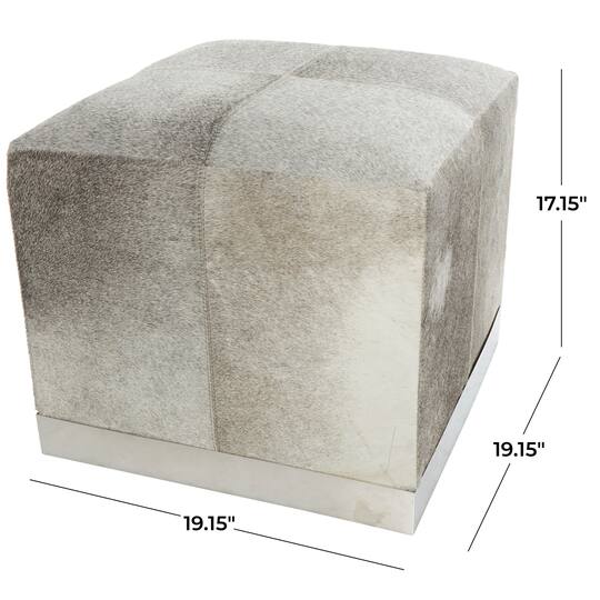 17" Gray Leather Patchwork Pouf with Silver Metal Base